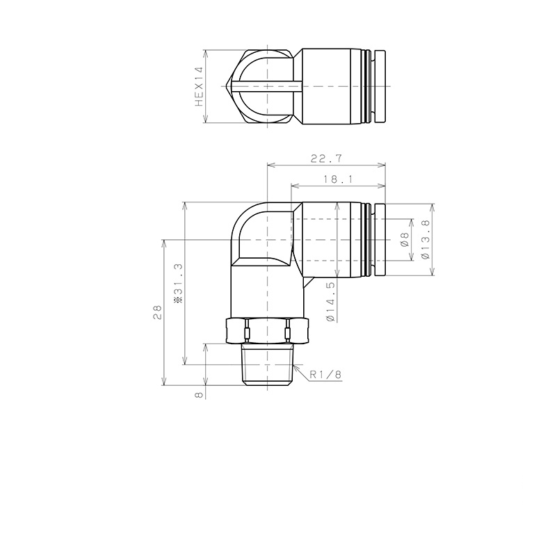 Đầu Nối Nhanh Khí Nén Dạng Cong 90° Ren Ngoài Pisco PPL8-01SUS-TP-C_drawing