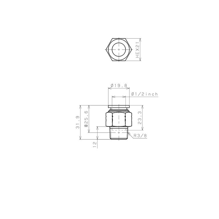 Đầu Nối Nhanh Khí Nén Dạng Thẳng Thân Lục Giác Ren Ngoài Pisco PPC1/2-03SUS_drawing