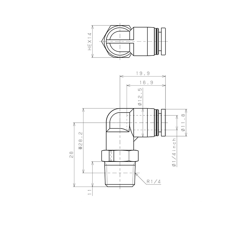 Đầu Nối Nhanh Khí Nén Dạng Cong 90° Ren Ngoài Pisco PPL1/4-02-TP_drawing