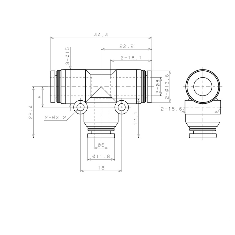 Đầu Nối Nhanh Khí Nén Chữ T Dạng Nối Giảm Pisco PPEG8-6-UC_drawing