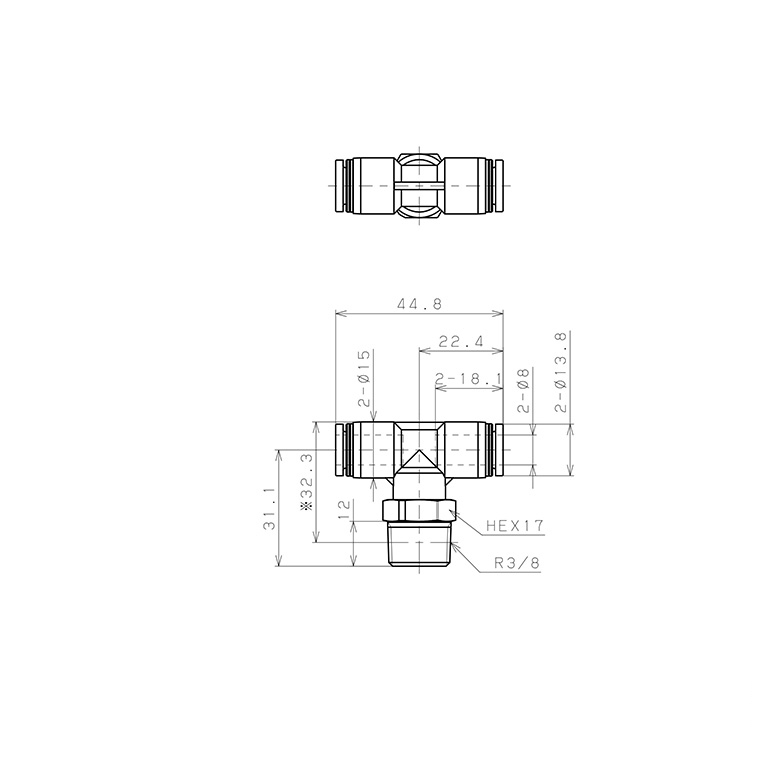 Đầu Nối Nhanh Khí Nén Dạng Chữ T Ren Ngoài Pisco PPB8-03_drawing
