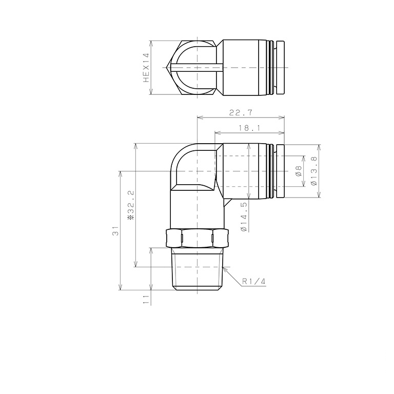 Đầu Nối Nhanh Khí Nén Dạng Cong 90° Ren Ngoài Pisco PPL8-02SUS-S-UC_drawing