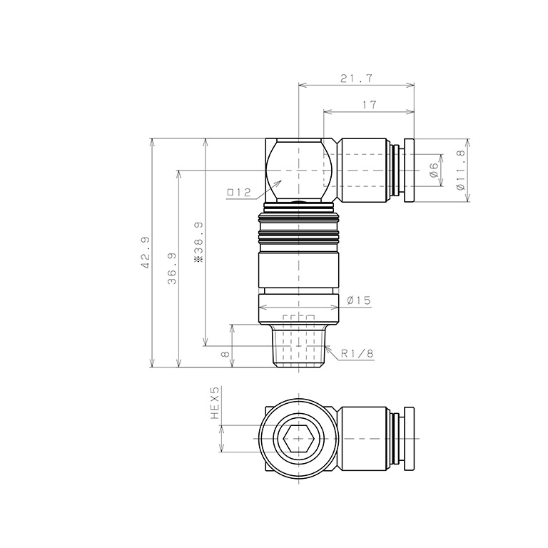 Bộ Đầu Nối Nhanh Ống Dẫn Điều Khiển Nhiệt Độ Khuôn Đúc Dạng Cong 90° Pisco AKL08-601_drawing