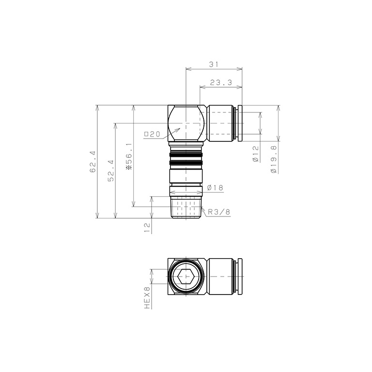 Bộ Đầu Nối Nhanh Ống Dẫn Điều Khiển Nhiệt Độ Khuôn Đúc Dạng Cong 90° Pisco AKL10-1203_drawing