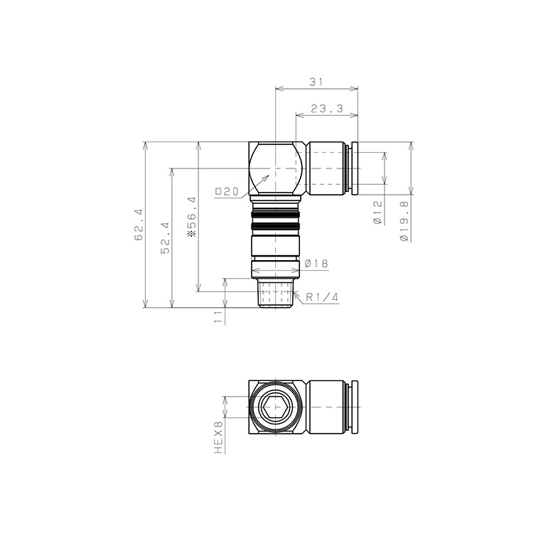 Bộ Đầu Nối Nhanh Ống Dẫn Điều Khiển Nhiệt Độ Khuôn Đúc Dạng Cong 90° Pisco AKL10-1202_drawing