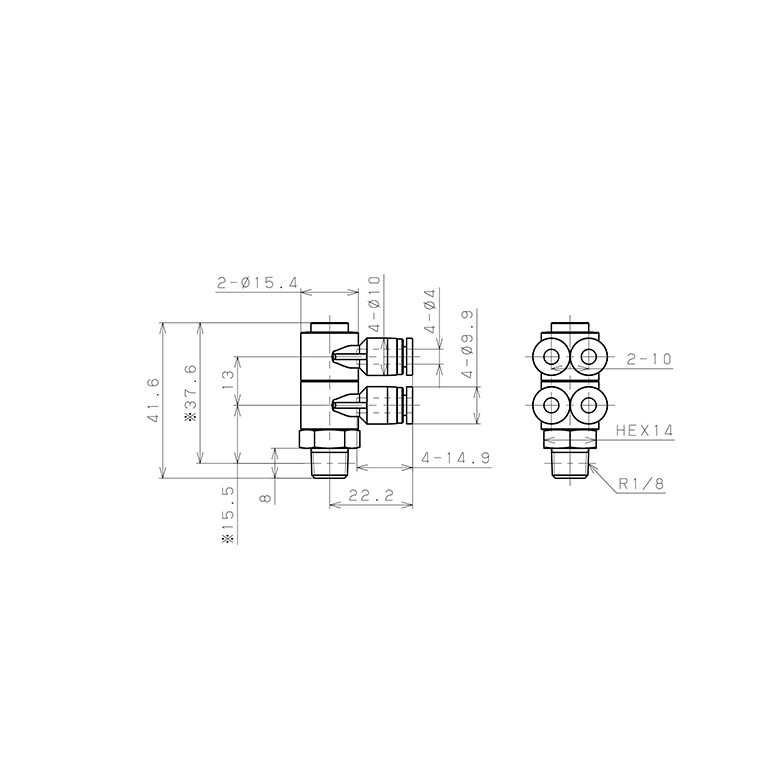 Đầu Nối Nhanh Khí Nén Bốn Nhánh Cong 90° Thân Lục Giác Trụ Ren Ngoài Pisco SPAW4-01_drawing