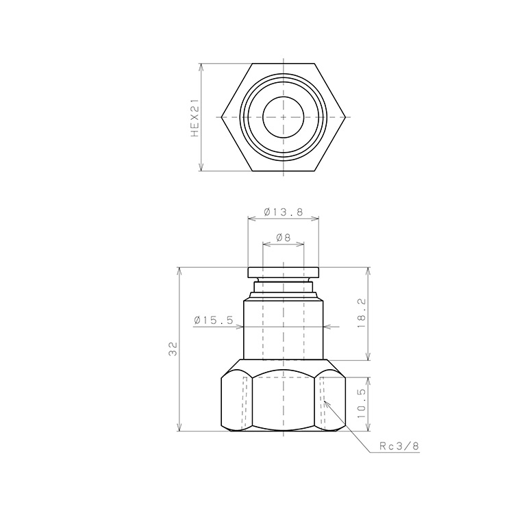 Đầu Nối Nhanh Khí Nén Dạng Thẳng Ren Trong Pisco SPCF8-03-UC_drawing