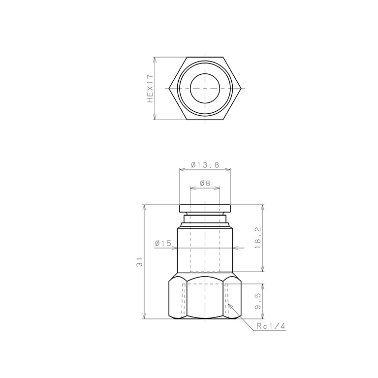 Đầu Nối Nhanh Khí Nén Dạng Thẳng Ren Trong Pisco SPCF8-02_drawing