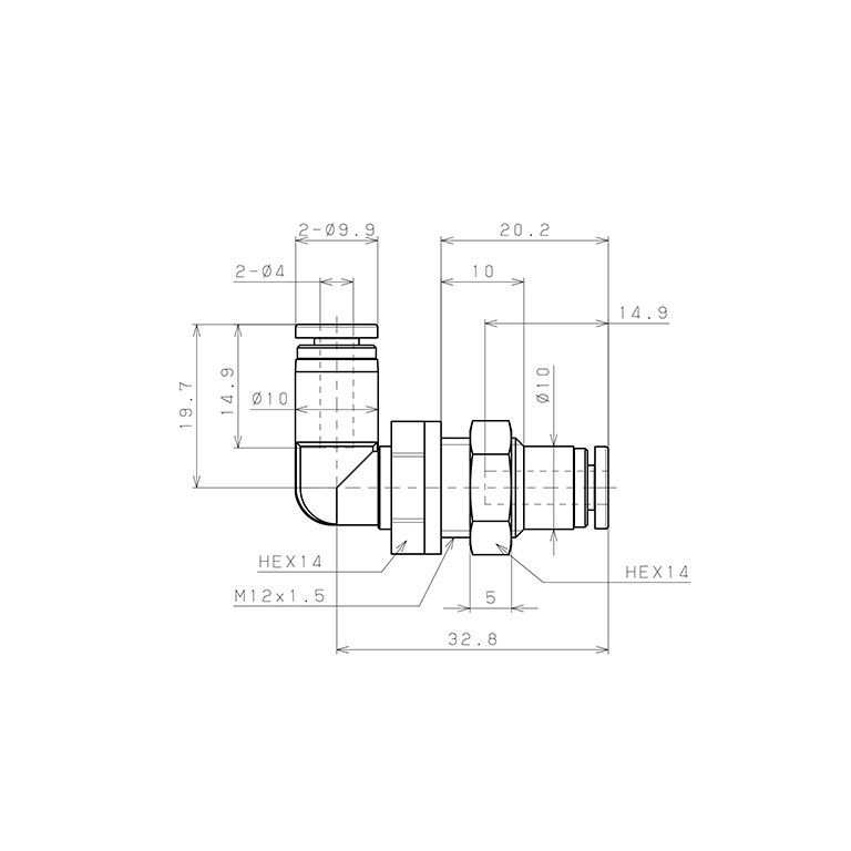 Đầu Nối Nhanh Khí Nén Cong 90° Ren Ngoài Lắp Kẹp Vách Pisco SPML4_drawing