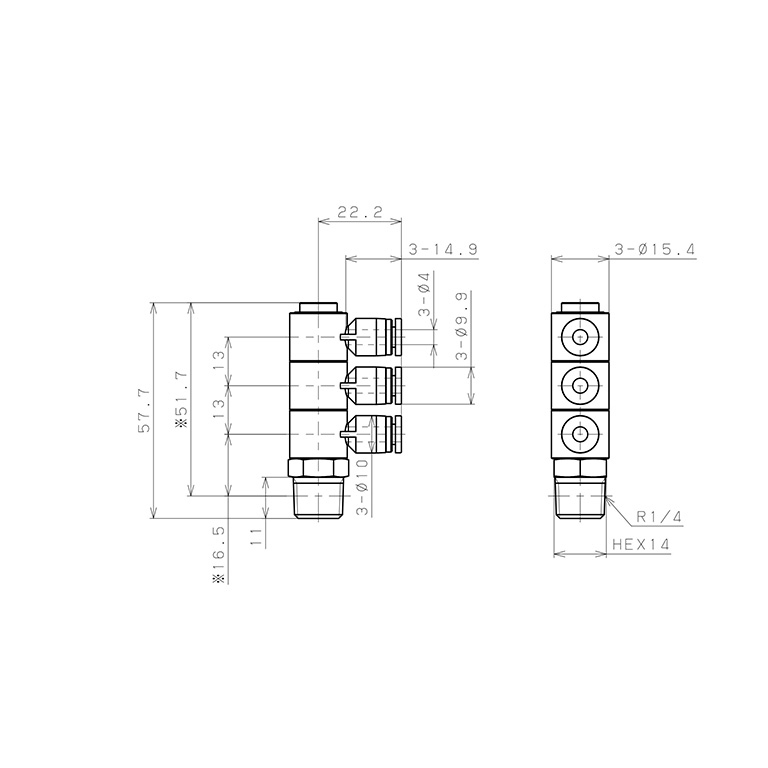 Đầu Nối Nhanh Khí Nén Ba Nhánh Cong 90° Thân Lục Giác Trụ Ren Ngoài Pisco SPHT4-02_drawing