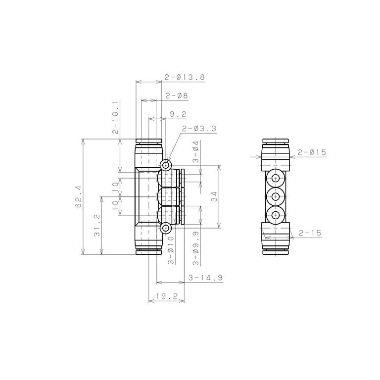 Đầu Nối Nhanh Khí Nén Chữ T 5 Ngã Dạng Nối Giảm Pisco SPKG8-4_drawing