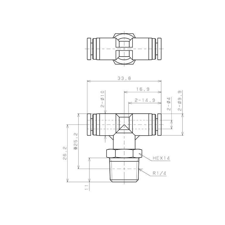 Đầu Nối Nhanh Khí Nén Dạng Chữ T Ren Ngoài Pisco SPB4-02_drawing