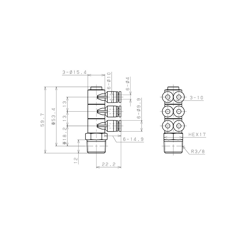 Đầu Nối Nhanh Khí Nén Sáu Nhánh Cong 90° Thân Lục Giác Trụ Ren Ngoài Pisco SPAT4-03_drawing