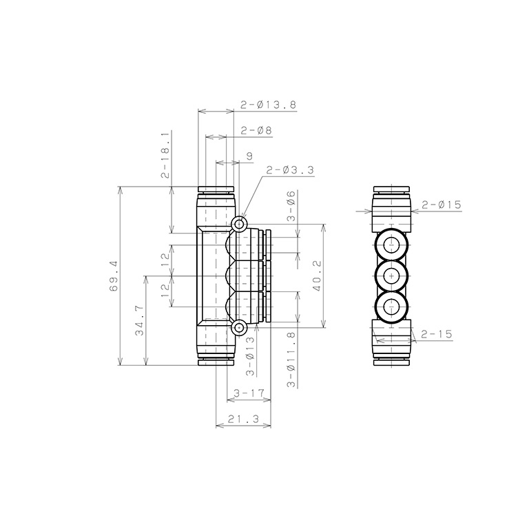 Đầu Nối Nhanh Khí Nén Chữ T 5 Ngã Dạng Nối Giảm Pisco SPKG8-6_drawing