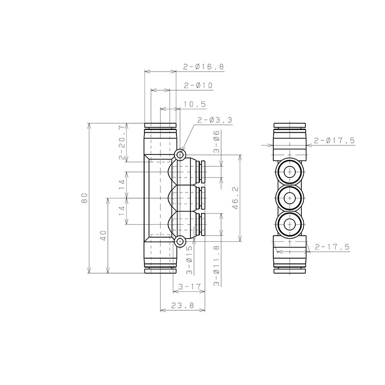 Đầu Nối Nhanh Khí Nén Chữ T 5 Ngã Dạng Nối Giảm Pisco SPKG10-6-UC_drawing