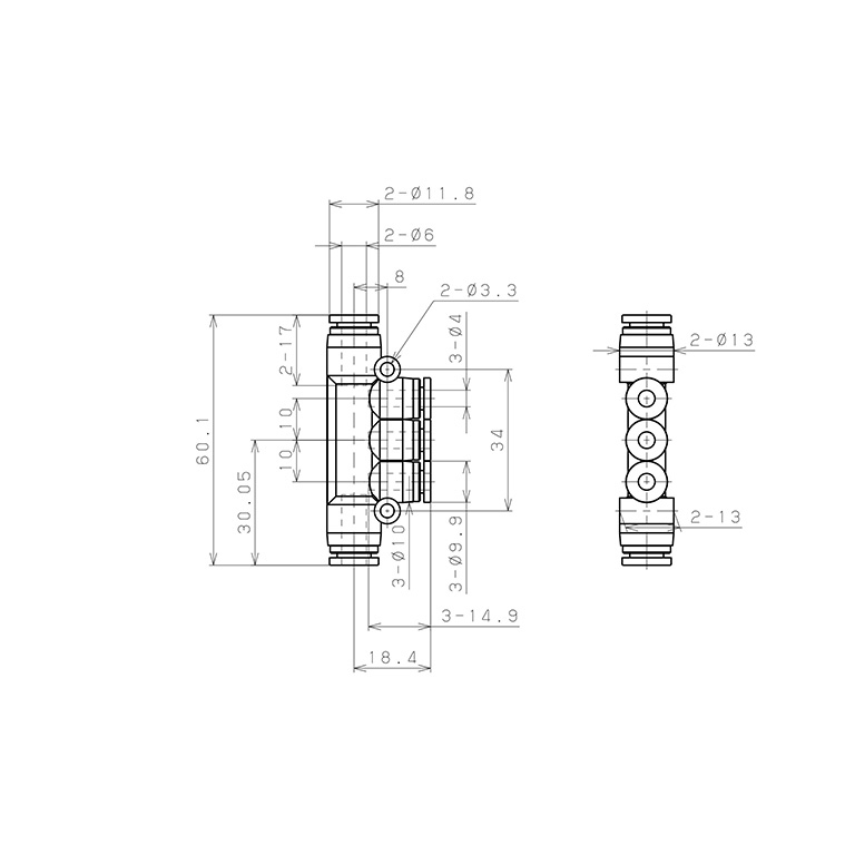 Đầu Nối Nhanh Khí Nén Chữ T 5 Ngã Dạng Nối Giảm Pisco SPKG6-4_drawing