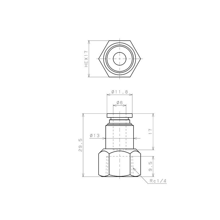 Đầu Nối Nhanh Khí Nén Dạng Thẳng Ren Trong Pisco SPCF6-02_drawing