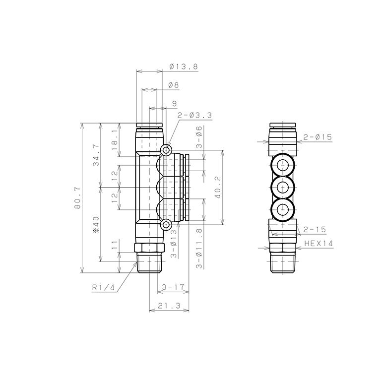 Đầu Nối Nhanh Khí Nén Dạng Chữ T Bốn Nhánh Ren Ngoài Pisco SPKD8-6-02_drawing