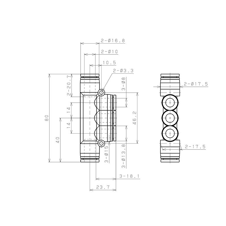 Đầu Nối Nhanh Khí Nén Chữ T 5 Ngã Dạng Nối Giảm Pisco SPKG10-8-UC_drawing