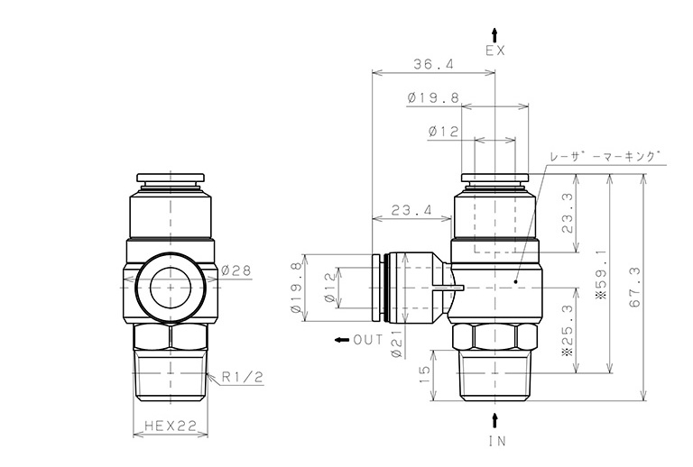 Van Xả Nhanh Khí Nén Pisco EQ03-P04C12C12_drawing