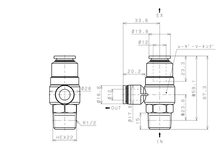 Van Xả Nhanh Khí Nén Pisco EQ03-P04C10C12_drawing