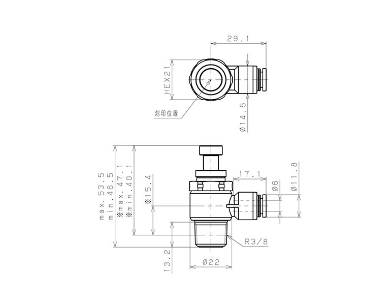 Van Tiết Lưu Khí Nén Bằng Nhựa PP Pisco PJSC6-03A-F_drawing