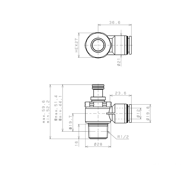 Van Tiết Lưu Khí Nén Chân Kim, Nhựa PP Và Inox 304 Pisco PJNC12-04-C_drawing
