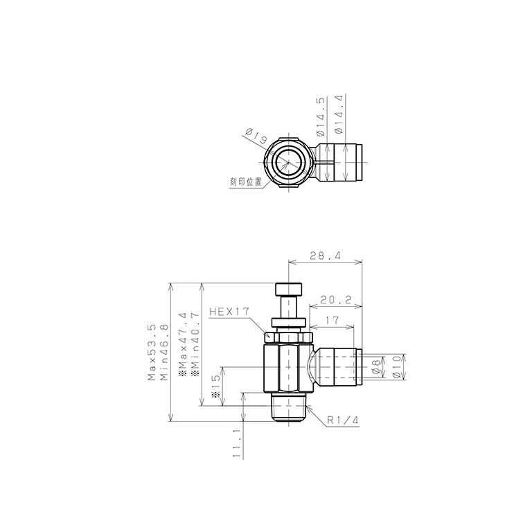 Van Tiết Lưu Khí Nén Bằng Đồng Mạ Niken Pisco KJSC8-02A-F_drawing