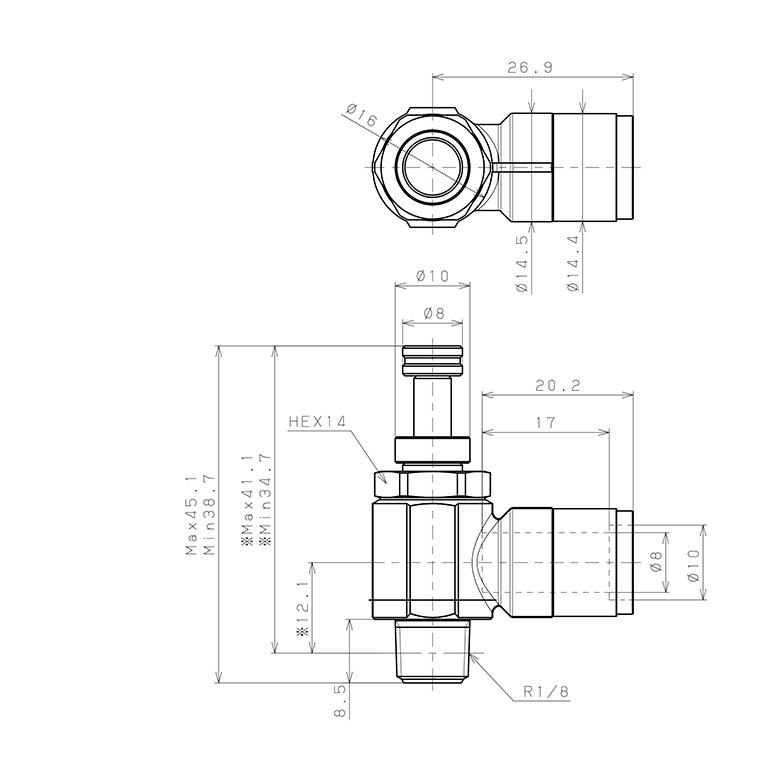 Van Tiết Lưu Khí Nén Chân Kim, Đồng Mạ Niken Pisco KJNC8-01-F_drawing