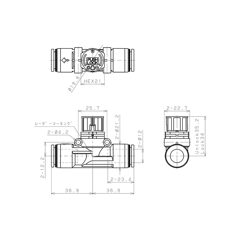 Van Tiết Lưu Khí Nén Loại Khóa Đẩy Có Hiển Thị Chỉ Số Pisco JSGU12LW_drawing