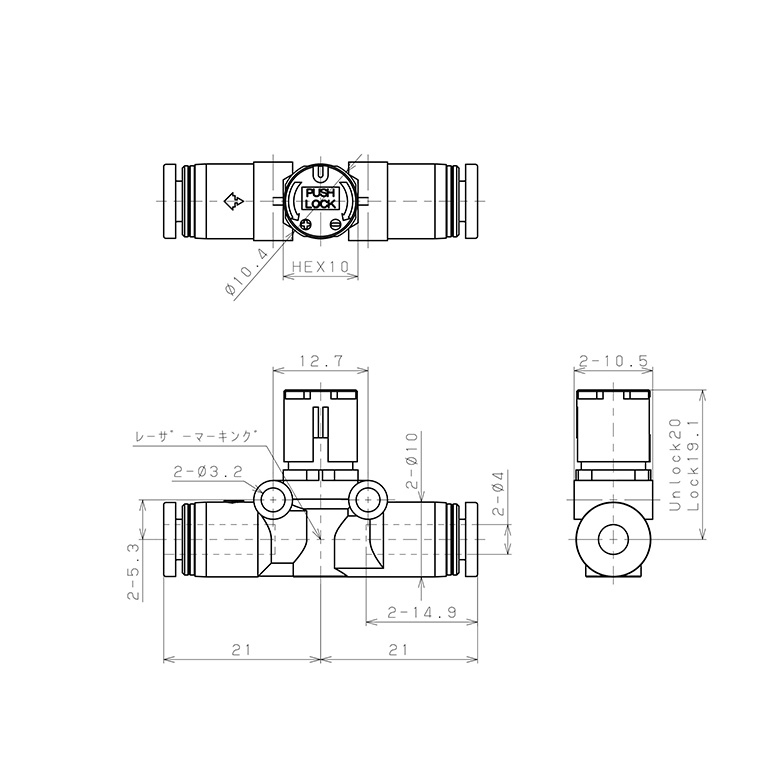 Van Tiết Lưu Khí Nén Loại Khóa Đẩy Có Hiển Thị Chỉ Số Pisco JSGU4W_drawing