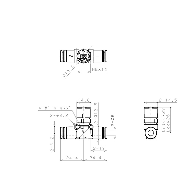 Van Tiết Lưu Khí Nén Loại Khóa Đẩy Có Hiển Thị Chỉ Số Pisco JSGU6W_drawing