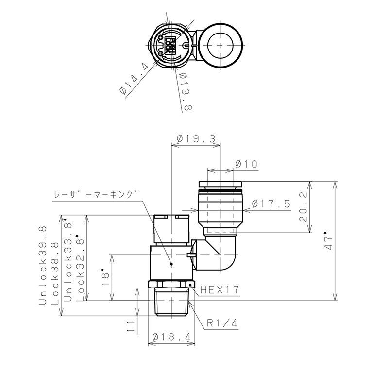 Van Tiết Lưu Khí Nén Loại Khóa Đẩy Có Hiển Thị Chỉ Số Pisco JSGS10-02BLW_drawing