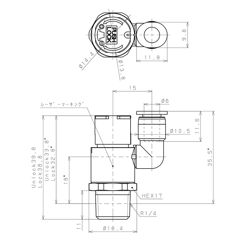 Van Tiết Lưu Khí Nén Loại Khóa Đẩy Có Hiển Thị Chỉ Số Pisco JSGS6-02AW_drawing