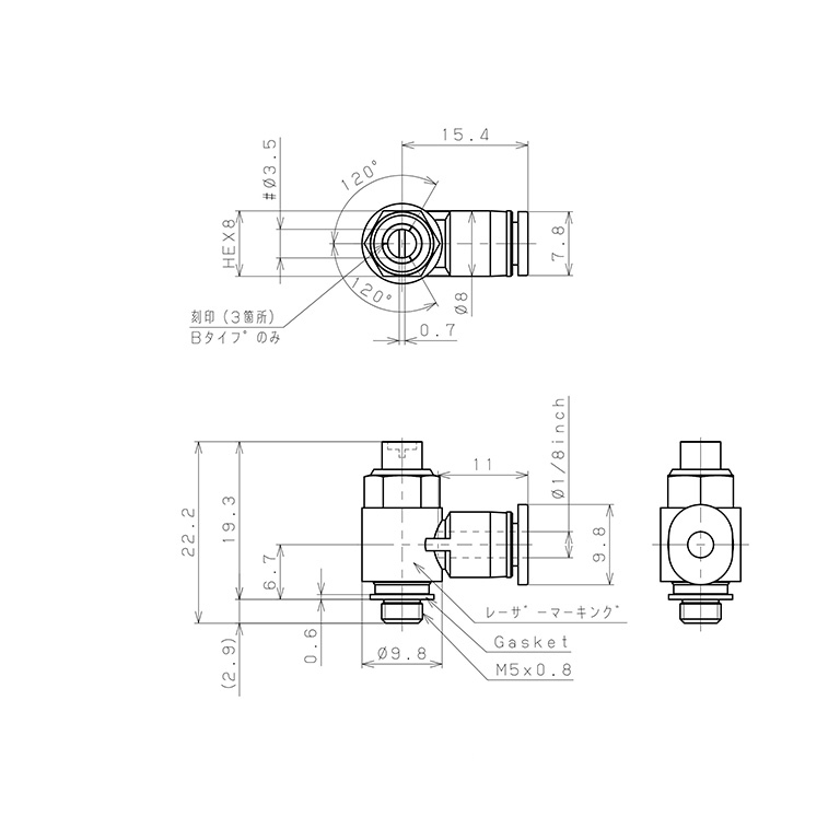 Van Tiết Lưu Khí Nén Đầu Vít Dẹp Pisco JSDC1/8-M5A_drawing