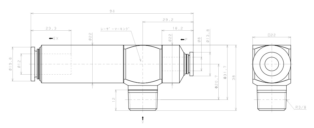 Bộ Tạo Chân Không Dòng VM - VC (-S3 Spec.) Pisco VCE20-038CJ-S3_drawing