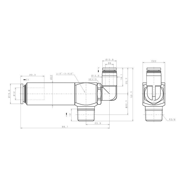 Bộ Tạo Chân Không Dòng VM - VC (-S3 Spec.) Pisco VCE15-038LJ-S3_drawing