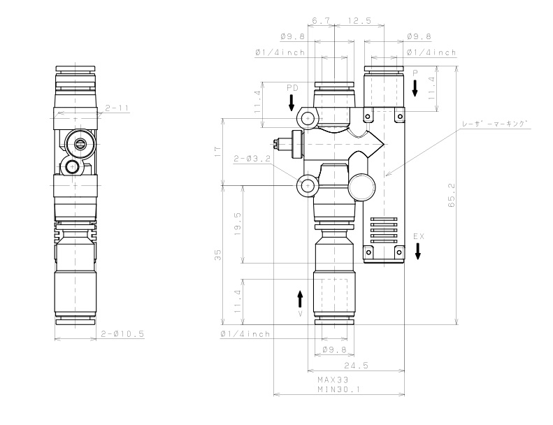 Bộ Tạo Chân Không Dòng VY Pisco VYE05-1/4-1/4-1/4F_drawing
