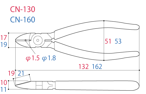 Kìm Cắt Cạnh Có Lỗ Tuốt Dây 162mm Tsunoda CN-160_drawing