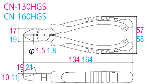 Kìm Cắt Cạnh 134mm Tsunoda CN-130HGS_drawing