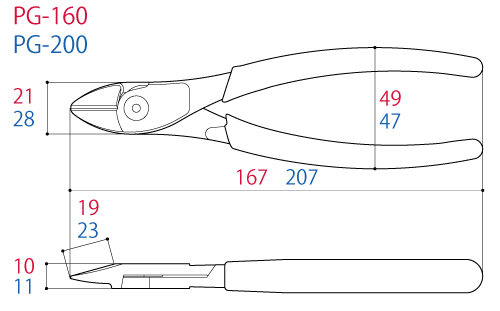 Kìm Cắt Dây Cứng Tác Động Mạnh 167mm Tsunoda PG-160_drawing