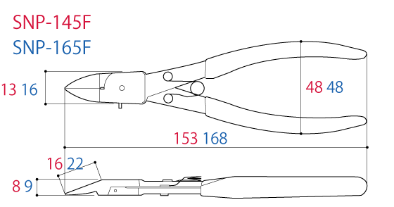 Kìm Cắt Nhựa Mỏng Lưỡi Phẳng 153mm Tsunoda SNP-145F_drawing