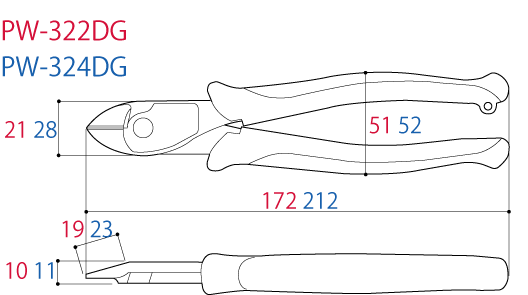 Kìm Cắt Dây Cứng Tác Động Mạnh 212mm Tsunoda PW-324DG_drawing