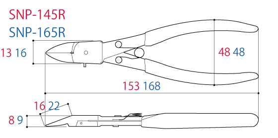 Kìm Cắt Nhựa Mỏng Lưỡi Tròn 153mm Tsunoda SNP-145R_drawing