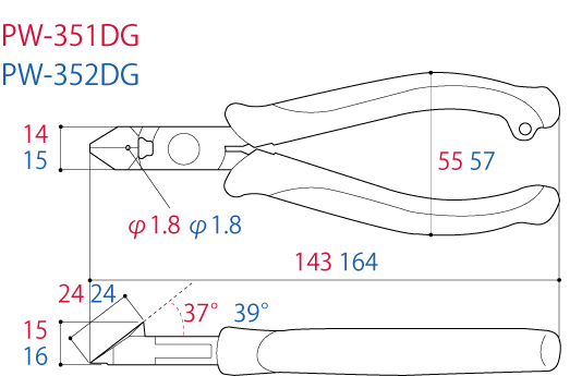 Kìm Cắt Cạnh Xiên Khớp Hộp 164mm Tsunoda PW-352DG_drawing