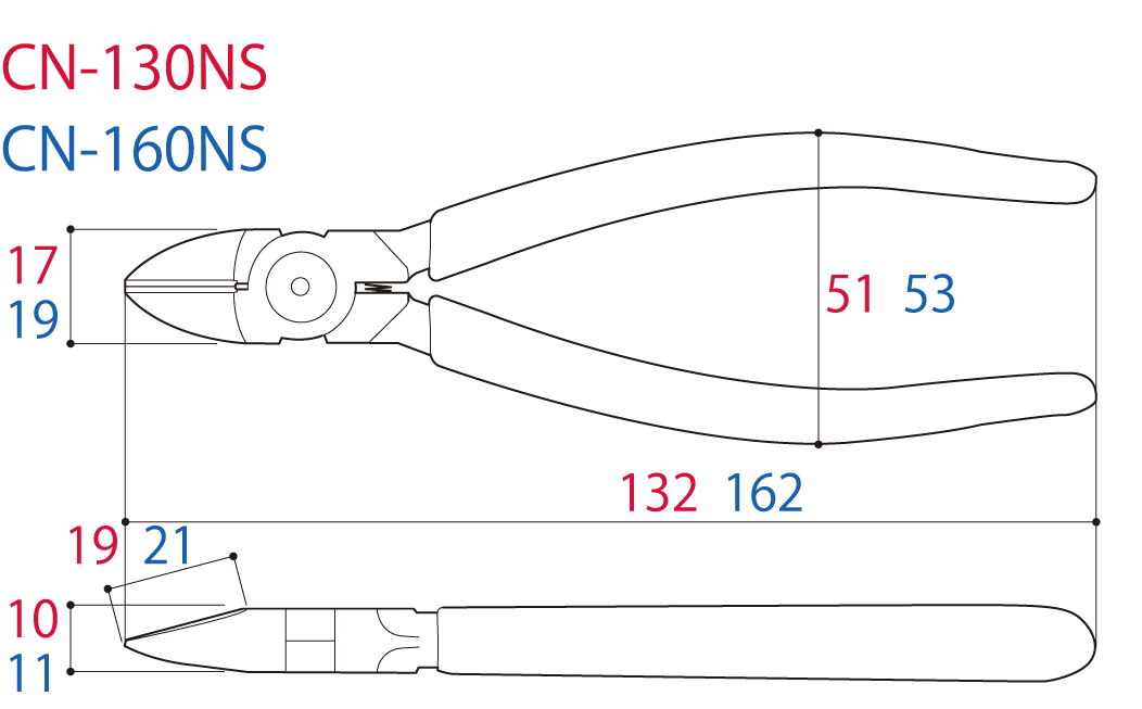 Kìm Cắt Cạnh Loại Có Lò Xo 162mm Tsunoda CN-160NS_drawing
