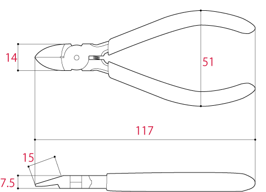 Kìm Cắt Nhựa Lưỡi Phẳng 117mm Tsunoda PN-115F_drawing