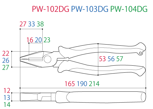 Kìm Điện Tác Động Mạnh 165mm Tsunoda PW-102DG_drawing