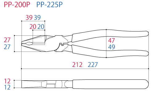 Kìm Điện Đa Năng Kết Hợp Bấm Cos 227mm Tsunoda PP-225P_drawing