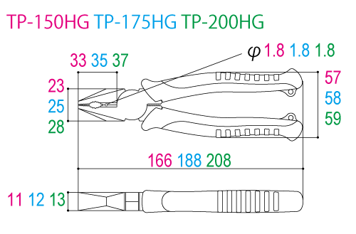Kìm Điện Kiểu Âu 166mm Tsunoda TP-150HG_drawing